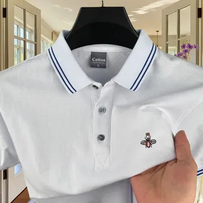 Polo à manches courtes pour homme, 100% coton pur, marque haut de gamme, mode été, nouveau, rayé, broderie abeille, haut de golf, t-shirt décontracté
