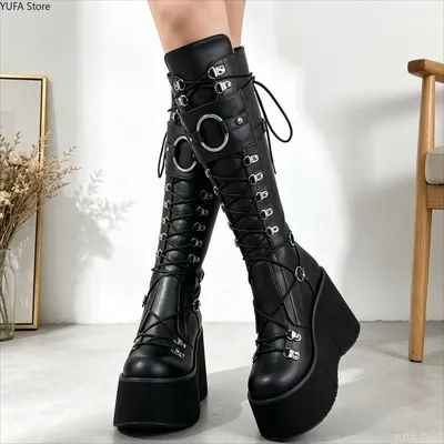 Bottes longues à talons compensés pour femmes, chaussures gothiques, bottes au-dessus du genou, bottes de cosplay à plateforme haute, nouvelles bottes à talons hauts pour femmes, Botas