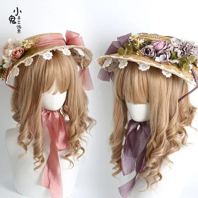 Chapeau de protection solaire Lolita Original fait à la main, chapeau de soleil en dentelle à large bord avec nœud floral de voyage, chapeaux de paille