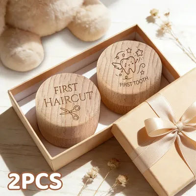 2pcs Wooden Storage Box Set Baby Souvenir "First Tooth" "First Hair” Keepers Fetal Hair Collection Boxes for Precious Memories