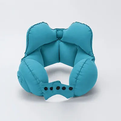 Inflatable travel neck pillow, providing head and neck support for long flights and office naps. Compact and lightweight.