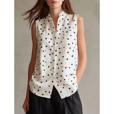 Chemise sans manches à col montant imprimé à pois pour femmes, élégante et stylée, haut d'été pour femmes