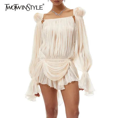 Robe mini plissée abricot TWOTWINSTYLE Fashion Glam pour femme, col carré, manches bouffantes, idéale pour les galas et le tapis rouge
