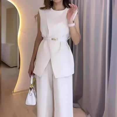 Ensemble deux pièces pour femmes, pantalon, col rond, ceinture, sans manches, blanc, taille haute, haut, couleur unie, jambes larges, pantalon Long, coupe cintrée, élégant