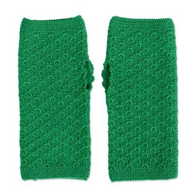 Gossamer in Meadow,'Knit Soft 100% Baby Alpaca Fingerless Mitts in Meadow Green'