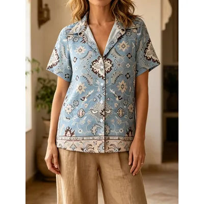 Chemise d'été à imprimé géométrique pour femme – Haut décontracté et professionnel à boutons avec motifs ethniques