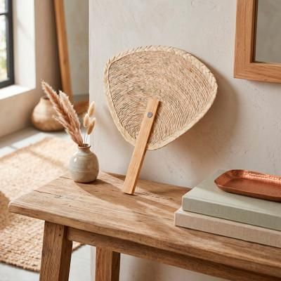 Handmade Winds,'Woven Beige Bulrush Reed Fiber Hand Fan with Wood Handle'