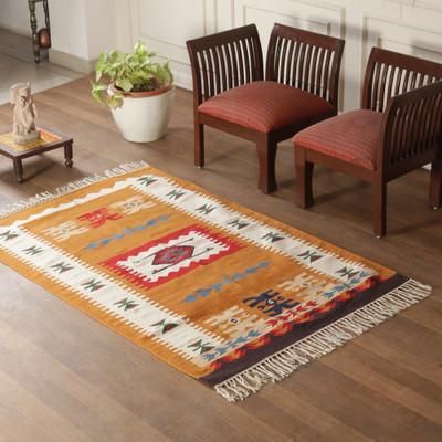 '4x6 Cotton Dhurrie Area Rug with Tribal-Inspired Patterns'