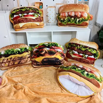 Lifelike Plush Hamburger Pillow Toy Simulation Stuffed Fast Food Hamburger Throw Pillow with Blanket 2 In 1 Cushion