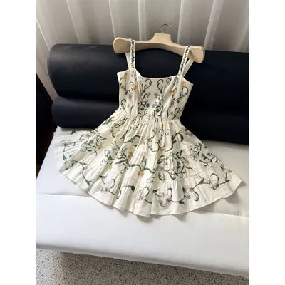 Robe débardeur 100 % lin pour femme, bretelles brodées, col carré, sans manches, taille haute, mini-robe décontractée