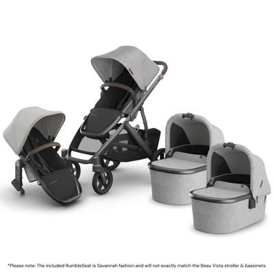 UPPAbaby Vista V3 Twin Stroller with RumbleSeat V3 + Bassinet Bundle - Beau / Savannah