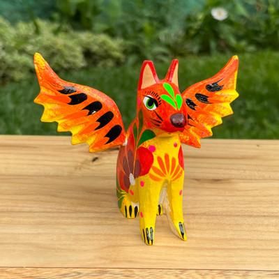 'Colorful Hand-Painted Wood Alebrije Figurine of a Winged Cat'