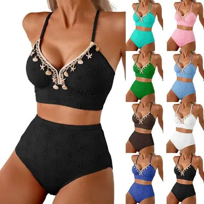Maillot de bain femme 2026 – Ensemble bikini taille haute et haut court, couleur unie, deux pièces
