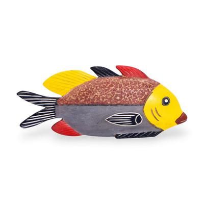 'Warm-Palette Antiqued Brass and Sese Wood Fish Sculpture'
