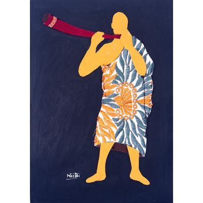 'Ghanaian-Themed Cotton Wall Art of Horn Blower in Warm Hues'