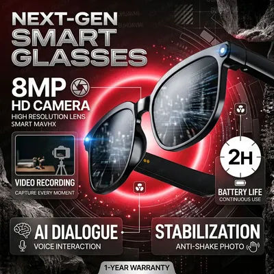 Lunettes Caméra Intelligentes Sans Fil 1080P HD Enregistrement Vidéo Audio Bluetooth 5.4 Appel Mains Libres Anti-Tremblement Lunettes de Soleil Homme