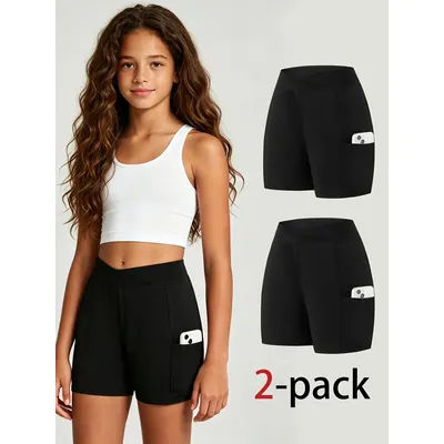 2-Pack Kids Girls Crossover High Waist Biker Shorts, Black Side Phone Pocket Stretch Anti Chafe Athletic Workout Cycling Shorts