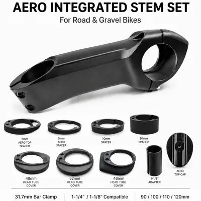 Aero Integrated Stem Set 31.7mm Road Gravel Stem 90/100/110/120mm Internal Cable Routing 1-1/4 to 1-1/8 Alloy