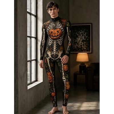 Halloween Tuta intera Body Zucca Scheletro completo del corpo Scheletro Zíper Traseiro Stampa Jack O Lantern Gotico Sinistro Unisex Costume per Club Festival Musicale Feste Halloween Carnevale