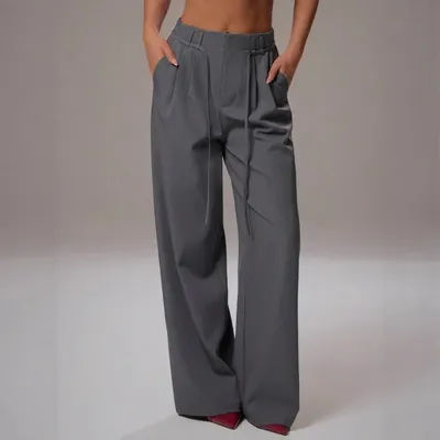 Pantalon large à taille haute pour femme, avec cordon de serrage, plissé devant, décontracté, pour le bureau ou le travail