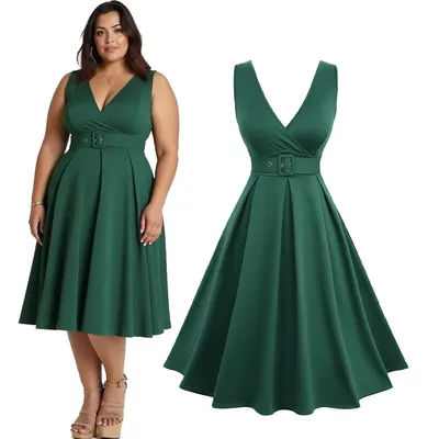 Robe plissée unie vintage grande taille avec ceinture amovible pour femme, vert foncé, col en V, coupe trapèze, été