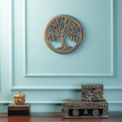 Thriving Virtue,'Round Tree of Life Wood Relief Panel in Grey and Gold Shades'