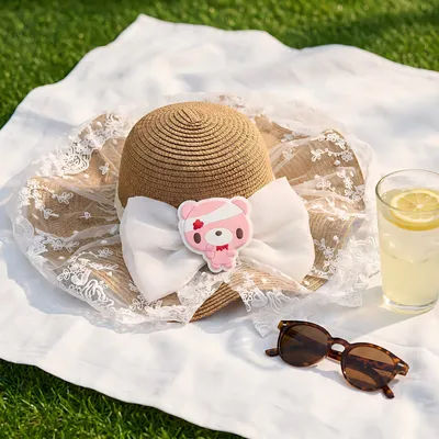 Chapeau de soleil en paille motif ours de dessin animé, chapeau d'été à large bord avec nœud en dentelle, chapeau de plage mignon pour femme avec décoration ours