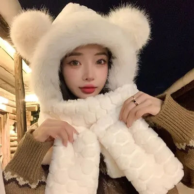 Écharpe-cagoule d'hiver tendance avec oreilles d'ours, en polaire, protection des oreilles, cache-cou, bonnet doux décontracté, écharpe pour l'extérieur