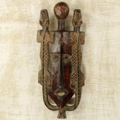 Twin Lizards,'Artisan Crafted Ghanaian Wood Wall Mask with Lizard Motif'