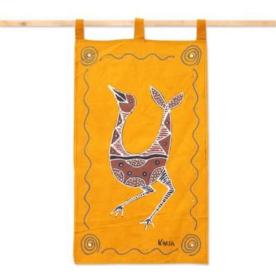 The Jig,'Folk Art-Inspired Cotton Batik Bird Wall Hanging in Yellow'