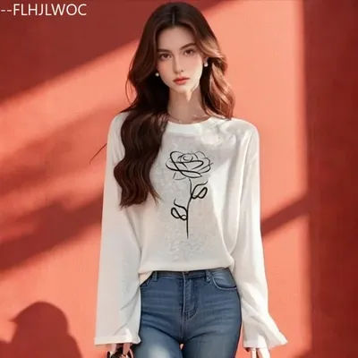 Évider couverture en dentelle T-Shirts nouvelle mode femme automne printemps à manches longues col rond décontracté ample blanc coton mélange T-Shirts