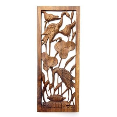 'Herons in a Lotus Pond' - Hand Made Suar Wood Bird Relief Panel