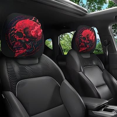 2/4 pezzi copri poggiatesta per auto con teschio rosso e fulmine, protezioni universali per poggiatesta auto, accessori interni gotici morbidi e traspiranti per auto e camion SUV, tragitto quotidiano