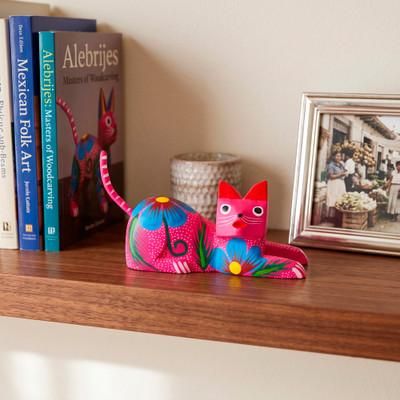 Feline Flamboyance,'Vibrant Fuchsia Resting Cat Painted Wood Alebrije Figurine'