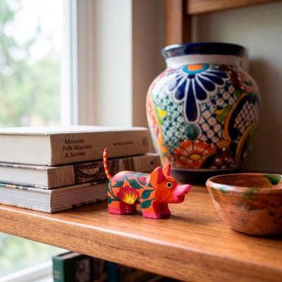 Playful Piglet,'Orange Fuchsia Botanical Piglet Wood Alebrije Mini Figurine'