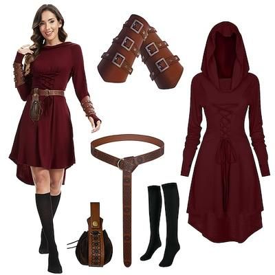 Set Retrò Vintage Medievale Rinascimento Asimmetrico Vestito Cintura in Vita Set di accessori con accessori Lunghe Arciere Fata Ranger Costume Per donna Fantasia Halloween Carnevale LARP Fiera