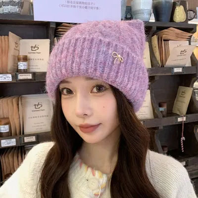 Pull rétro avec oreilles de chat, couleur unie, chapeau chaud en laine tricoté de Style japonais avec nœud Y2k pour femmes, bonnet pour dames