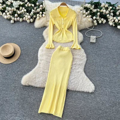 Ensemble deux pièces élégant pour femmes, nouveau Style petit parfum, col rabattu, manches longues, haut ouvert sur le devant, taille haute, jupe crayon, 2025