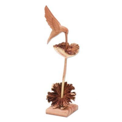 Sipping Hummingbird,'Wood Hummingbird Sculpture Crafted in Bali'