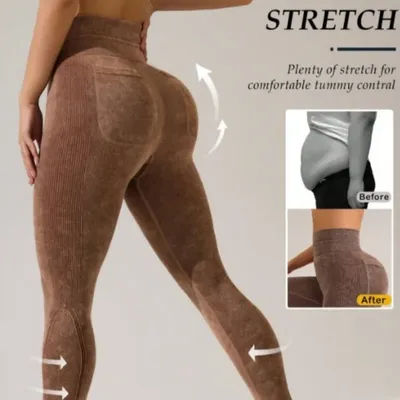 Leggings de yoga pour femmes à séchage rapide avec poches, taille haute, effet push-up, texture lavée, pour la course et le fitness