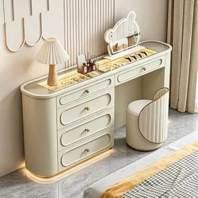 Modern Cream Wind Bedside Makeup Table 2026 New Solid Wood Paint Dresser Chest Integrated Bedroom Furniture Makeup Vanities