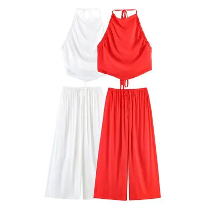 Willshela – ensemble 2 pièces pour femmes, hauts à col licou et pantalons Vintage à taille haute élastique, costume Chic pour femmes