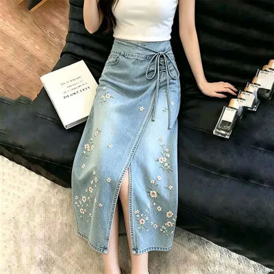 Jupe longue en jean à fente latérale pour femme, style vintage, broderie florale, taille haute, coupe crayon, pour l'été