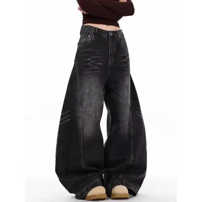 Pantalon en jean vintage américain style coréen pour femme, taille haute, coupe irrégulière, ample, jambe large, rétro