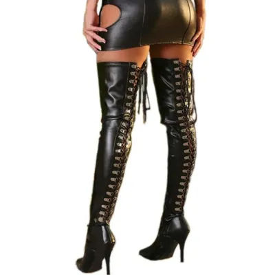 Cuisse haute en cuir pour femmes gothique punk à lacets leggings skinny en cuir pu rock club moto leggings