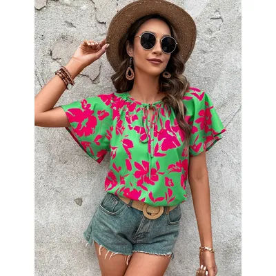 Haut à imprimé floral pour femme, printemps/été, à nouer à la taille