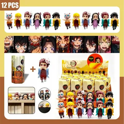 1-12Pcs Demon Slayer Hugging Mini Figures Blind Box, Q Version Hang Edge Figurines, Desk & Monitor Decor Anime Collectible Toys,