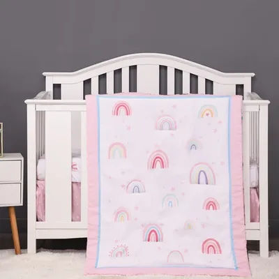 3Pcs Rainbow Baby Infant Crib Kids Baby Bedding Set Crib Sheet Set Infant Newborn Nursery (Comforter Fitted Sheet Crib Skirt)