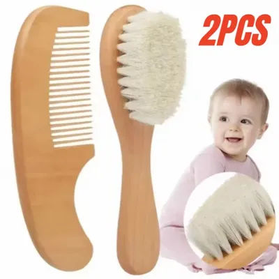 2 Pcs Newborn Baby Wool Baby Wooden Brush Comb Newborn Hair Brush Infant Head Massager Portable Baby Comb Hair Bath Brush Comb