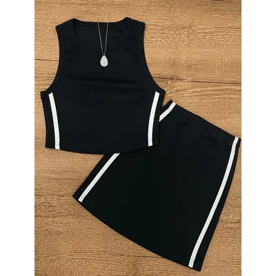 Ensemble deux pièces décontracté pour femmes, coupe slim, sans manches, jupe courte taille haute et haut assorti pour un look décontracté